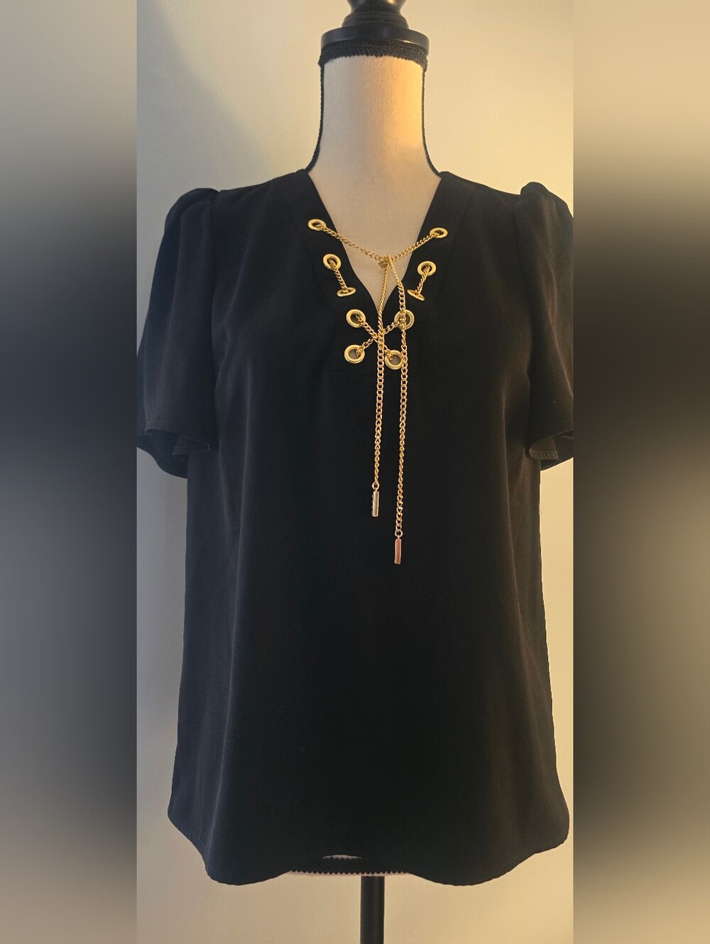 Michael Kors Black Blouse with Gold Chain Detail
